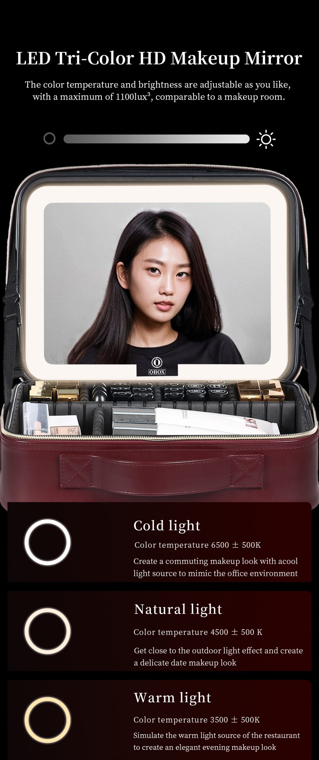 GZM2 Makeup Bag with LED Mirror showing Cool, Natural, and Warm light modes comparison