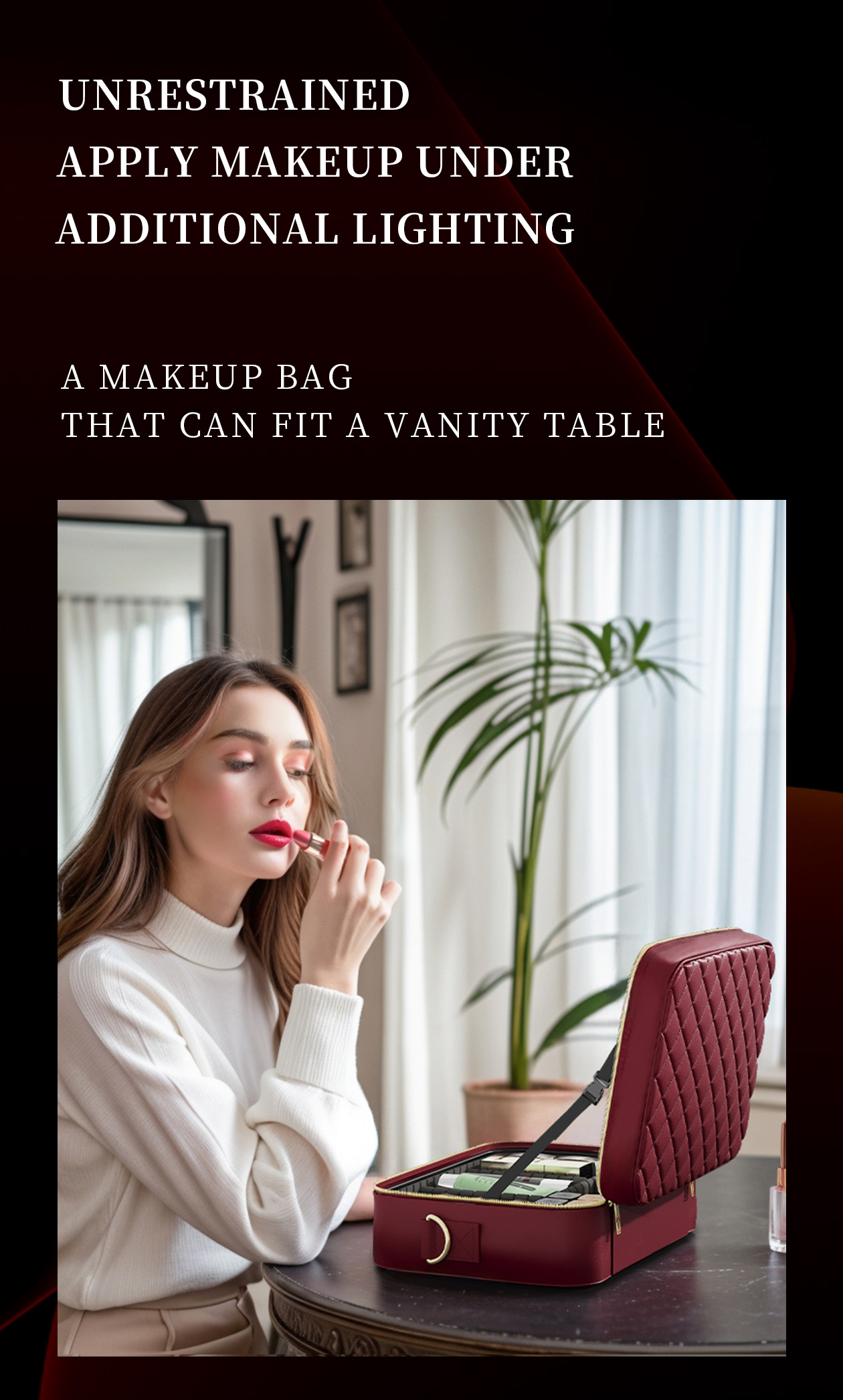 GZM2 Makeup Bag with LED Mirror lighting up a face for flawless makeup application