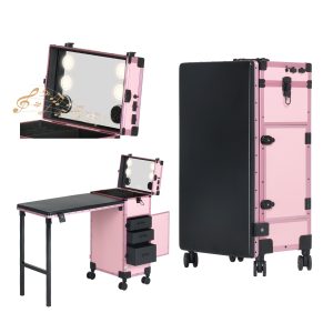 AL3829 Rolling Portable Manicure Table with 3 Drawers  LED lights Bluetooth