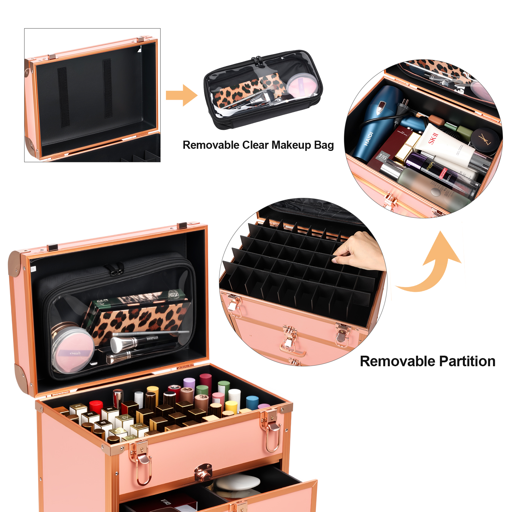 rolling makeup case interior with adjustable dividers and storage trays
