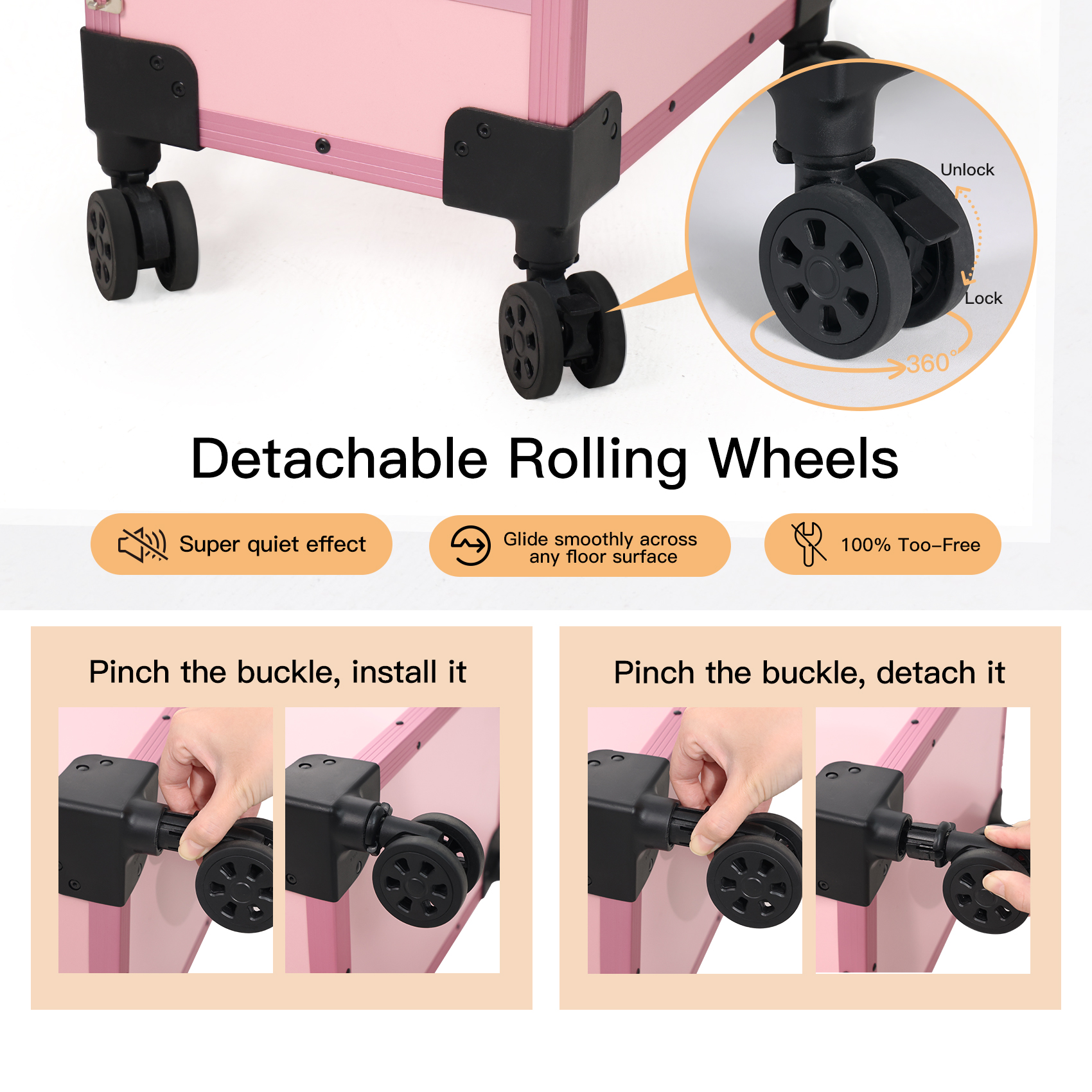 Rolling manicure table with foldable structure and mobile wheels.