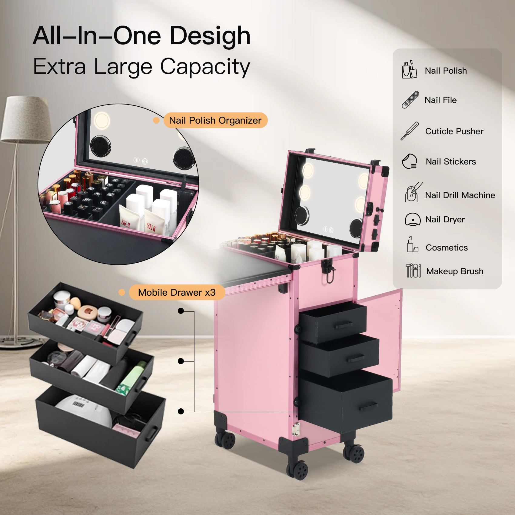 AL3829 manicure table storage system drawers and compartments with multi-layer organization design
