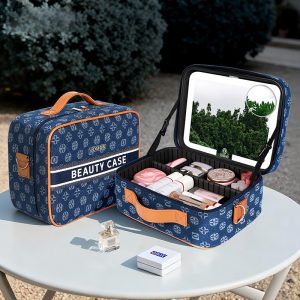 NZ Blue Vintage denim large-capacity makeup bag with mirror