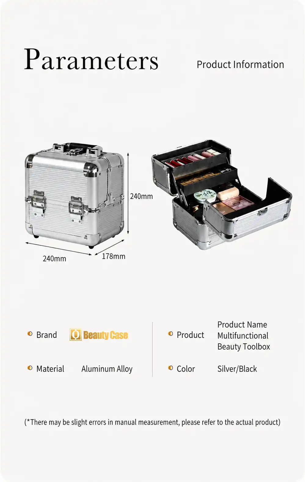 2522 aluminum makeup toolbox dimensions 240 x 178 x 240 mm in silver and black