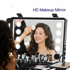 M5846 OBOX High-Volume Makeup Case Lattice Structure Folding Layering Lighted Mirror Plastic Hasp Closure