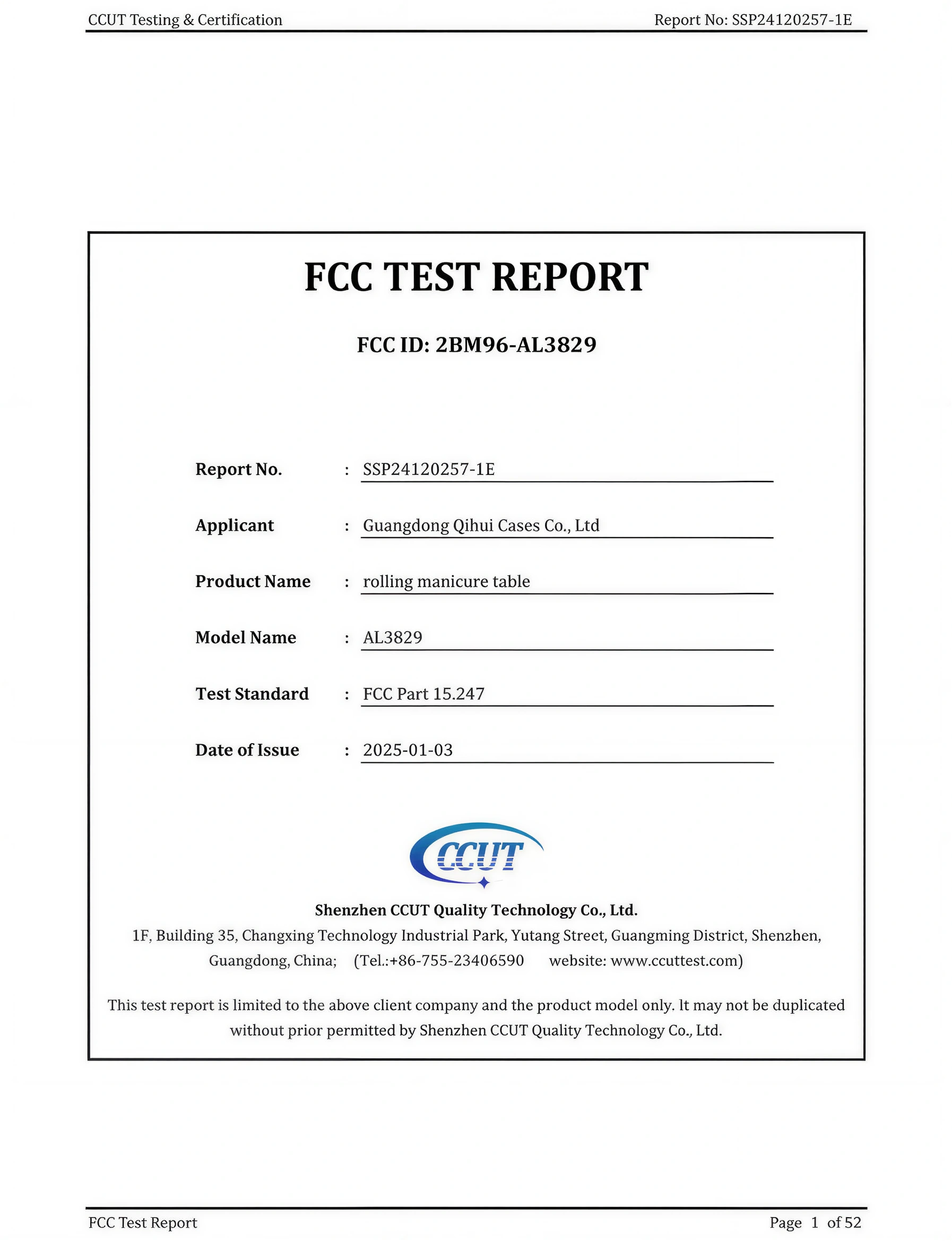 Guangdong Qihui Cases FCC certification AL3829 nail table FCC Part 15.247