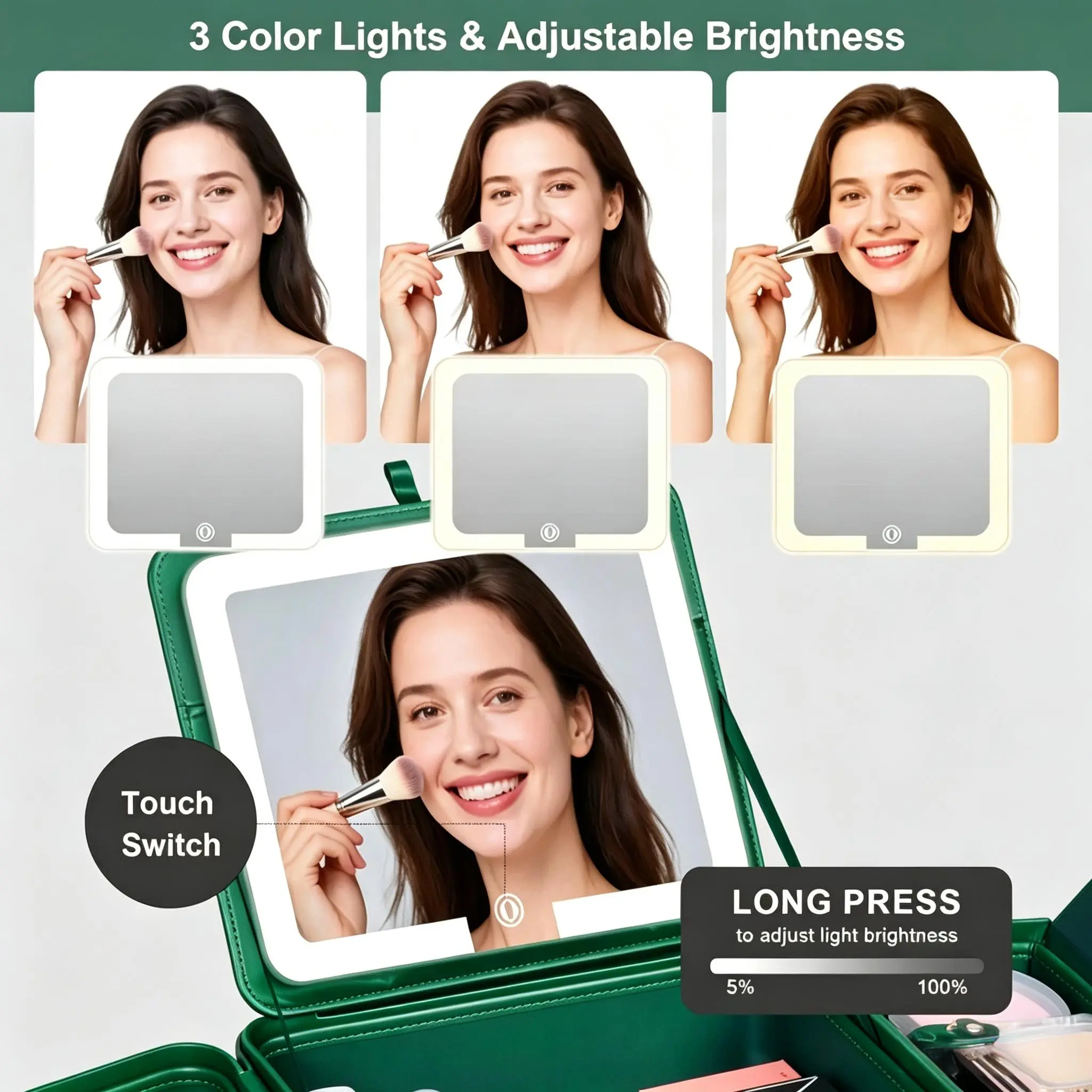 Adjustable light size and color: Makeup case With 3 LED Lights