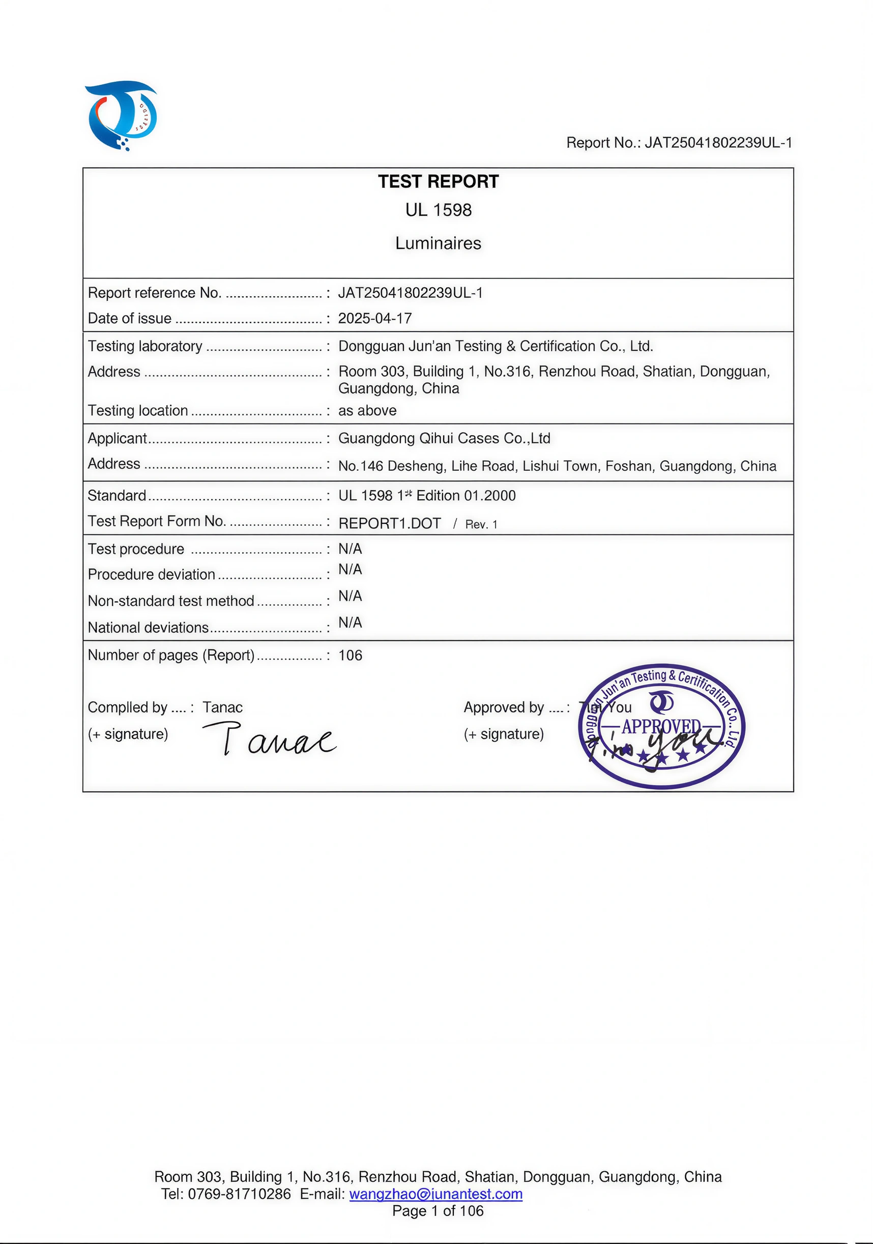 Guangdong Qihui Cases UL 1598 luminaires certification nail table lighting safety