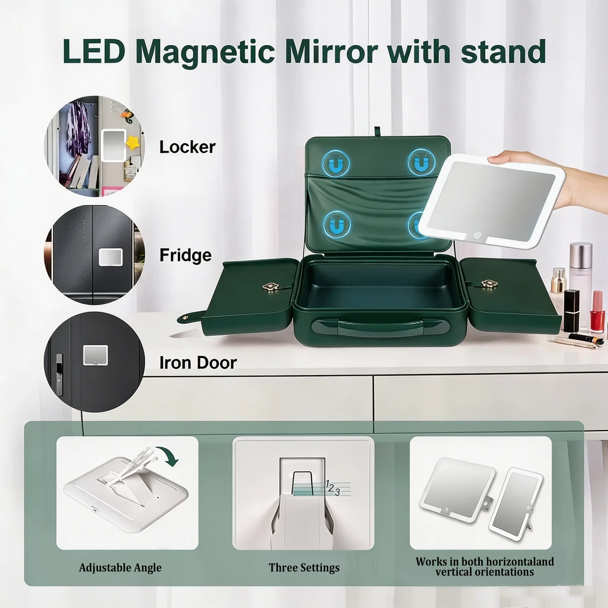 Removable magnetic mirror on portable 3‑LED makeup case