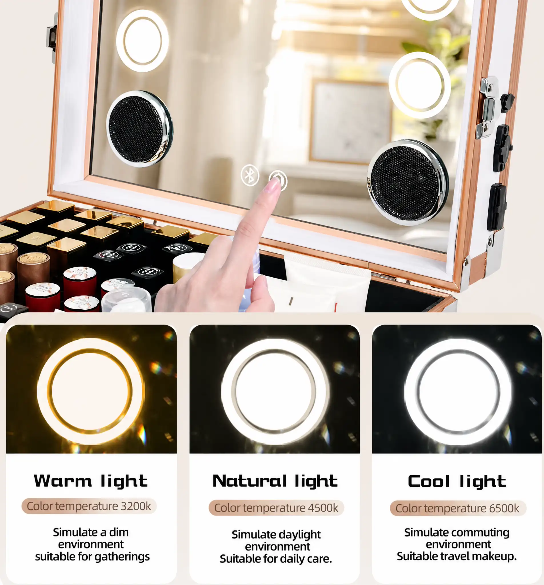 Nail technician working at the AL3829 rolling manicure table under adjustable LED mirror lighting