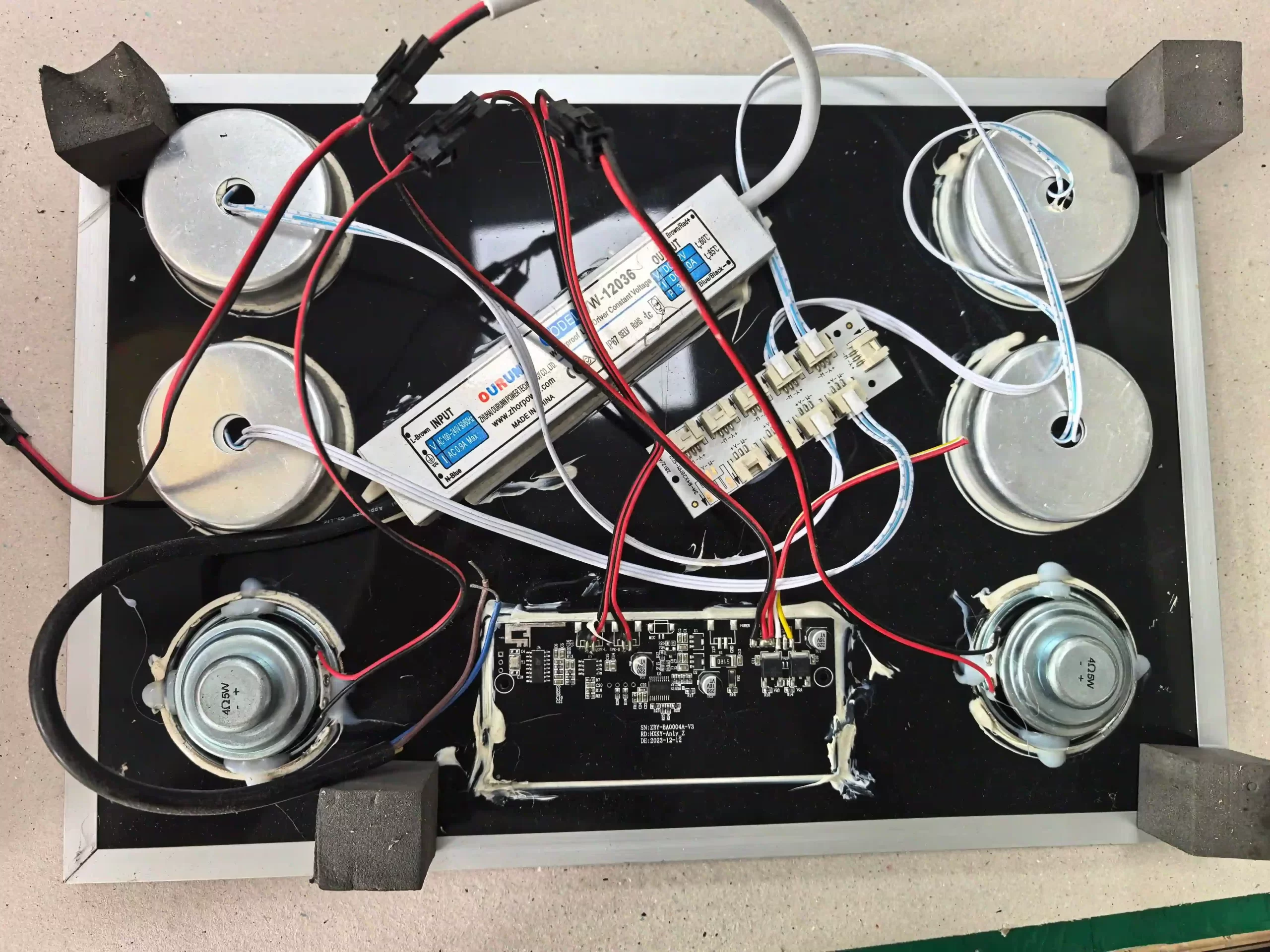 Naked PCB and internal hardware layout of commercial vanity mirror