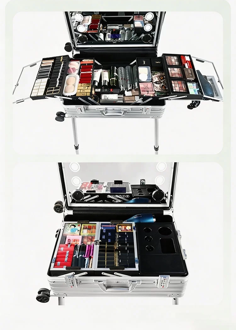 Interior layout of a trolley makeup case with organized storage compartments