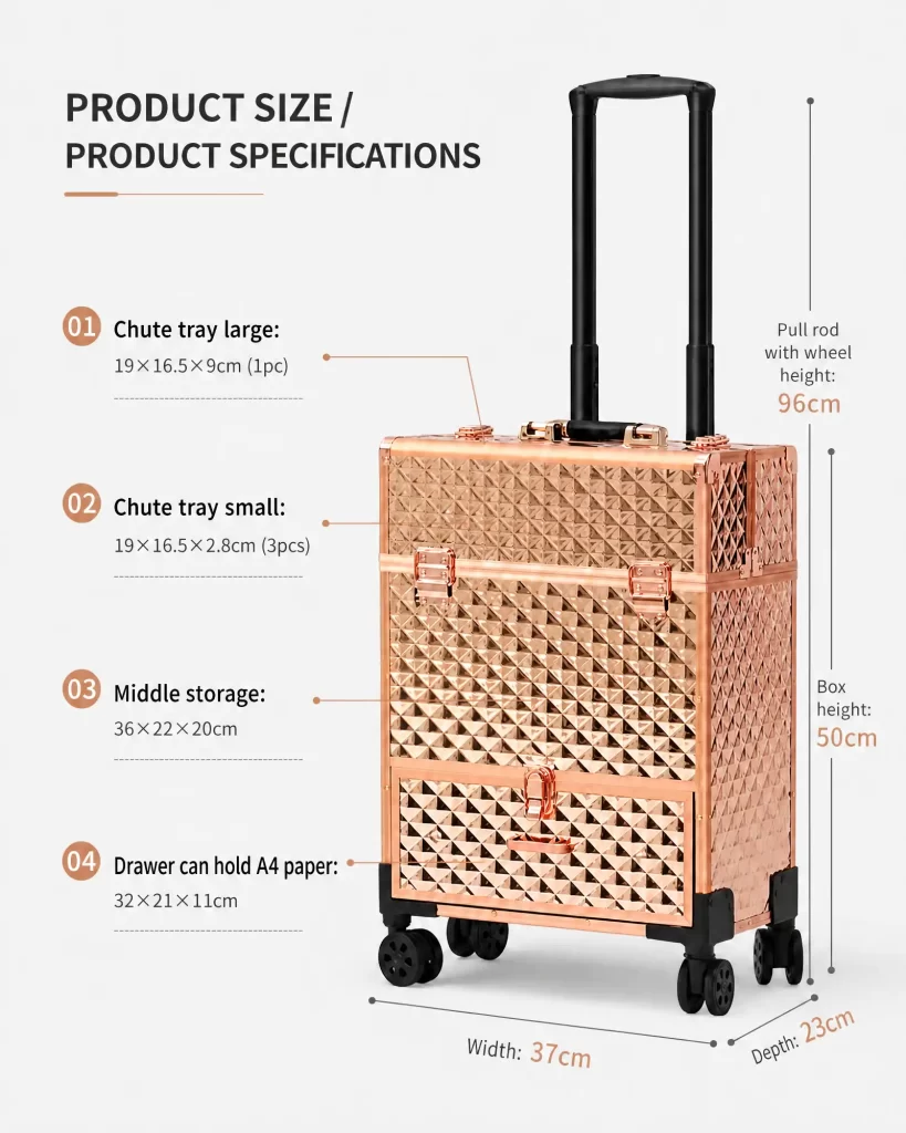 Blueprint schematic demonstrating volumetric specs and makeup artist trolley durability