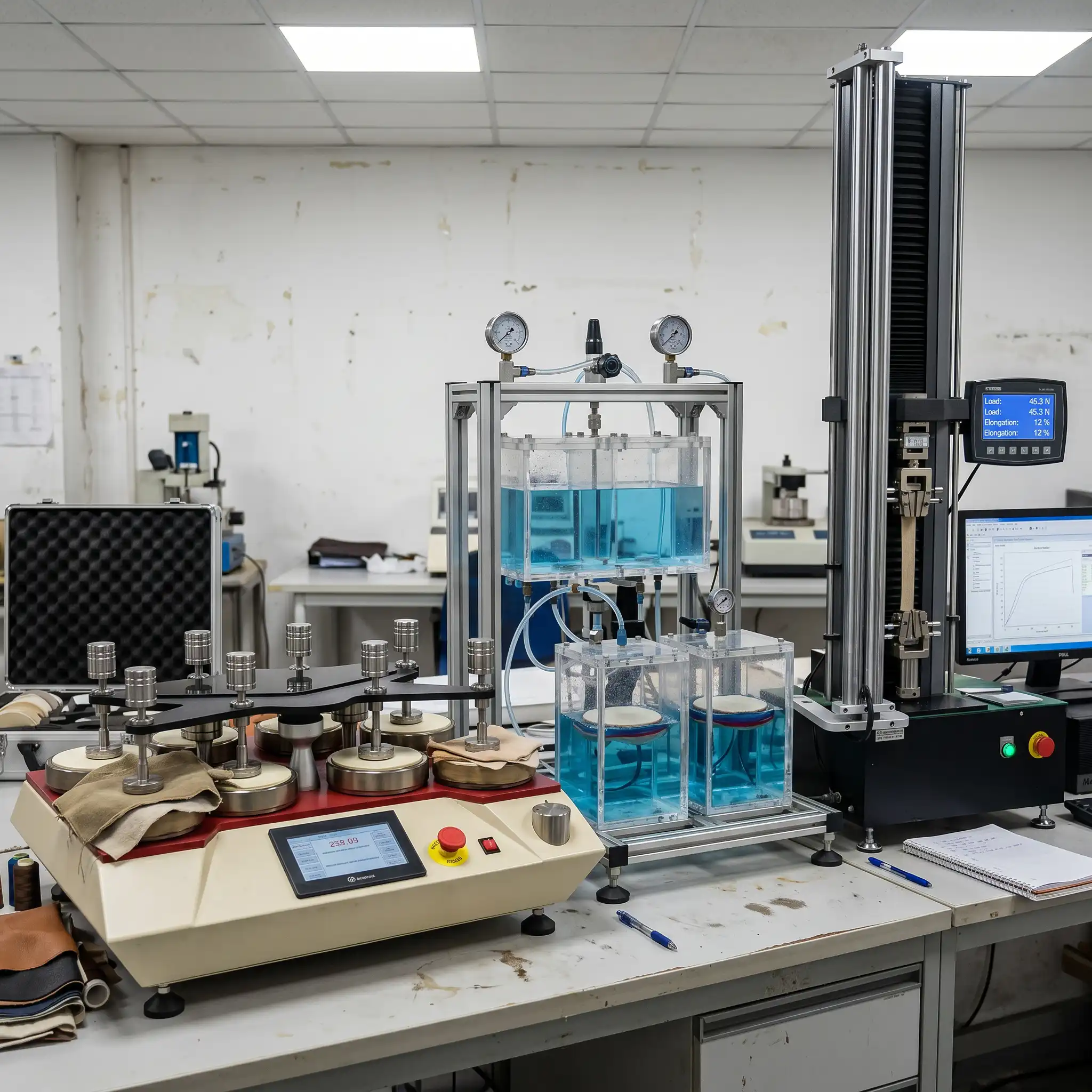 Laboratory textile testing equipment measuring Martindale abrasion, hydrostatic pressure, and trapezoid tearing force for cosmetic bag manufacturing.