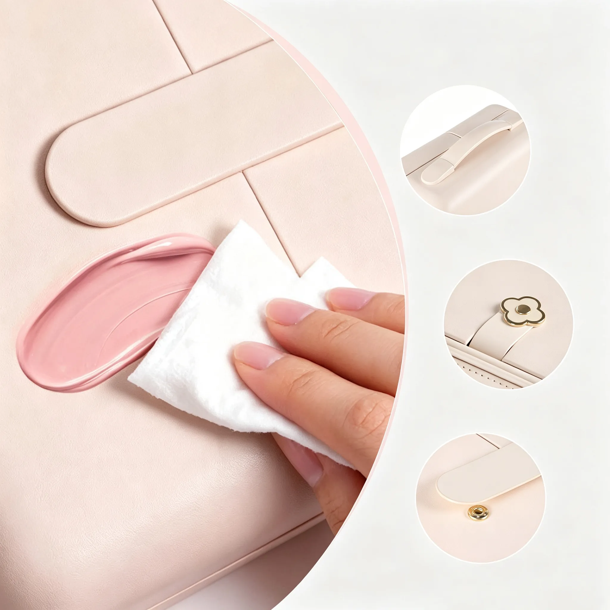 Finish quality detail on PDW-12 makeup case — magnetic clasp, handle, and waterproof shell wipe-clean test