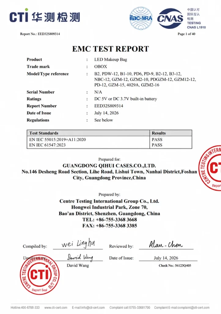 CTI EMC test report and CE Verification of Conformity for OBOX LED makeup case, Report No. EED32S809314