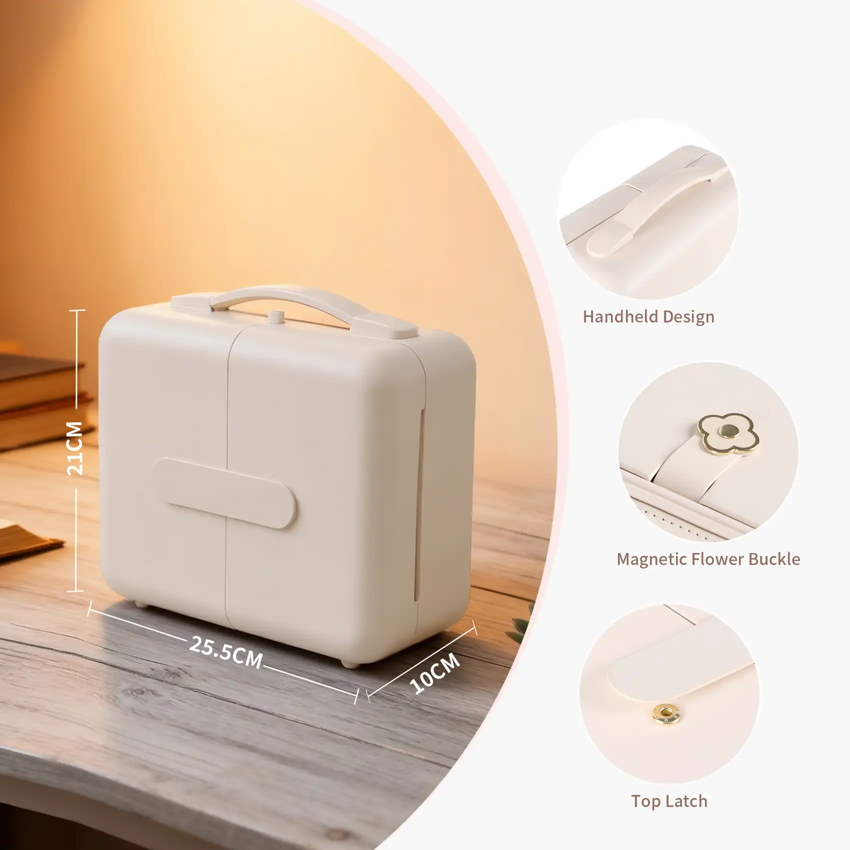 Close-up of PDW-12 makeup case clover-shaped magnetic clasp and waterproof ABS shell