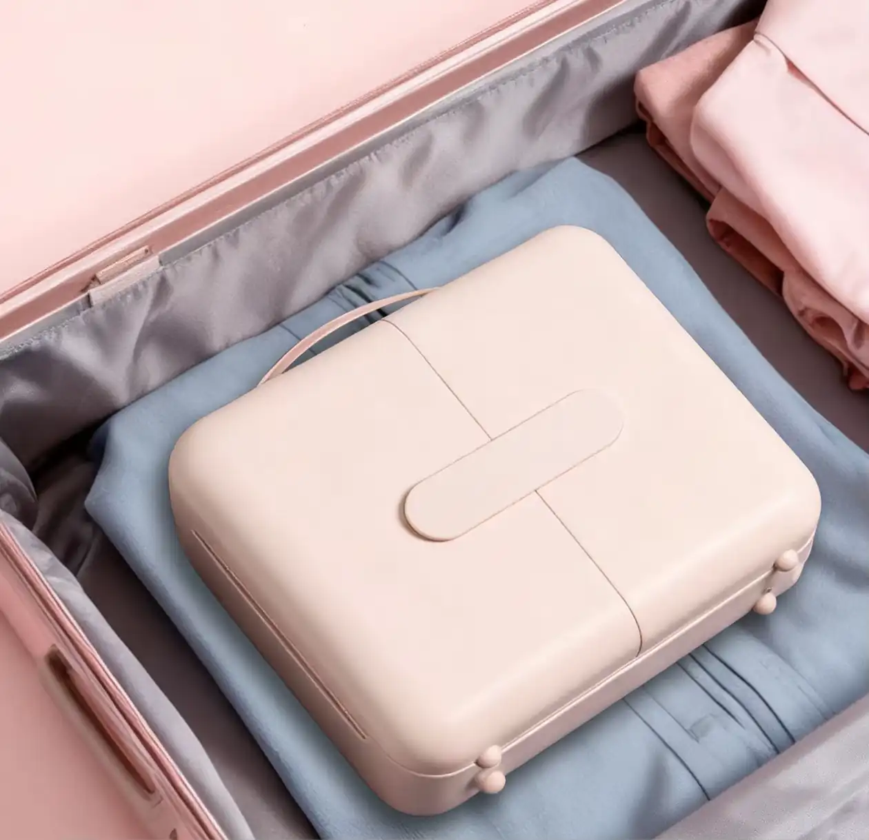 PDW-12 travel vanity case dimensions and interior capacity, shown fitted inside a suitcase