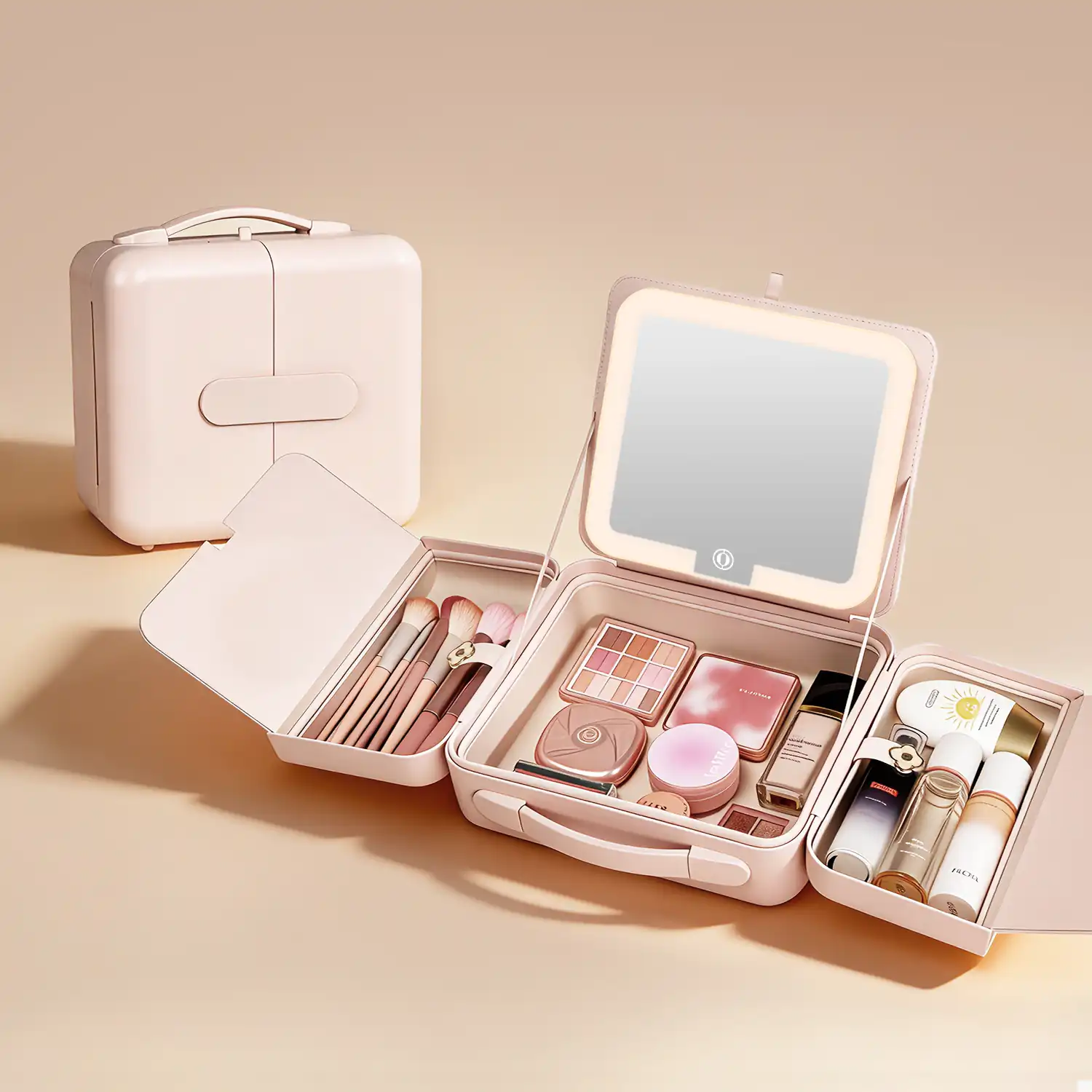 PDW-12 pink travel vanity case fully open, showing detachable magnetic 4K LED mirror and dual storage compartments