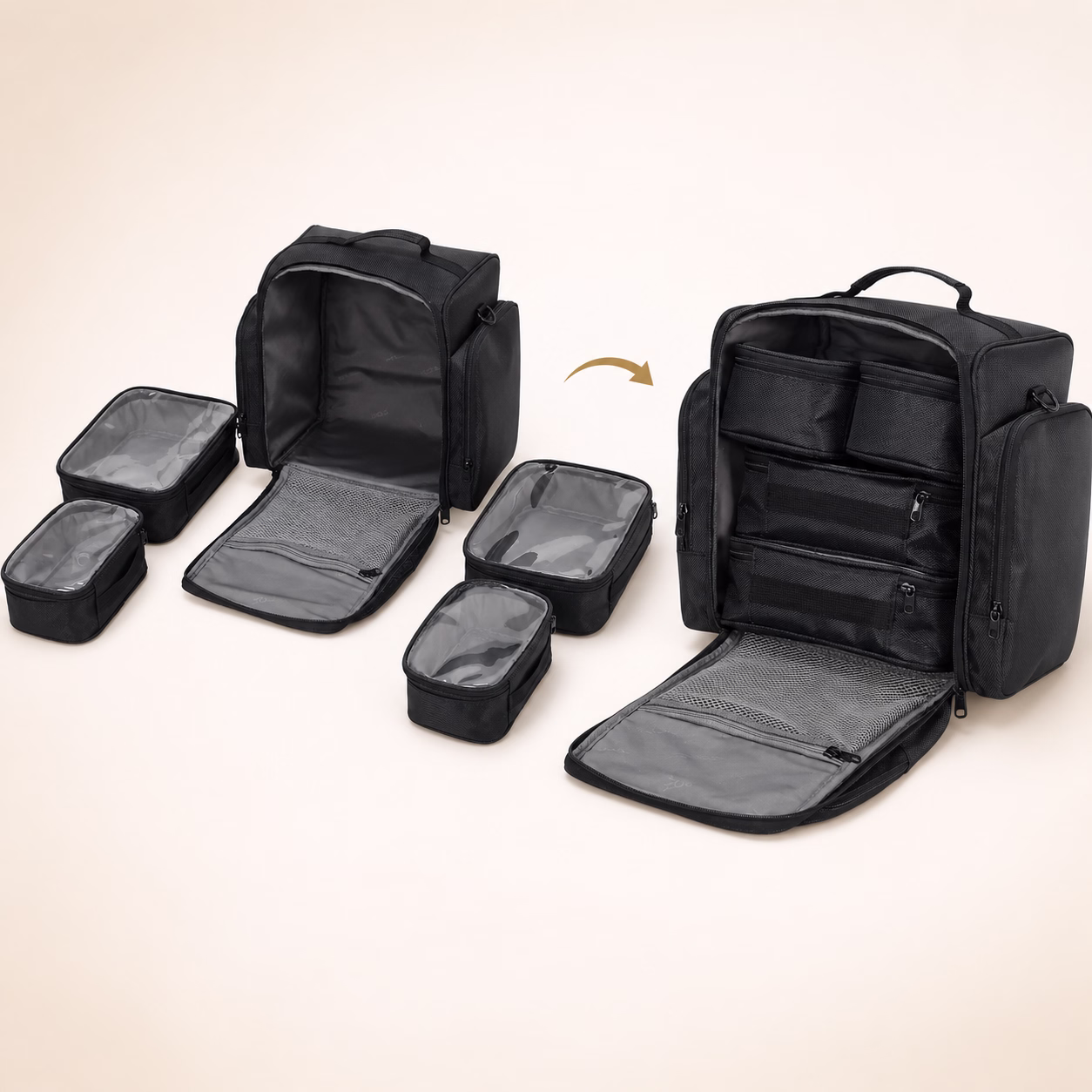 makeup organizer bag with removable pouches and internal storage layout