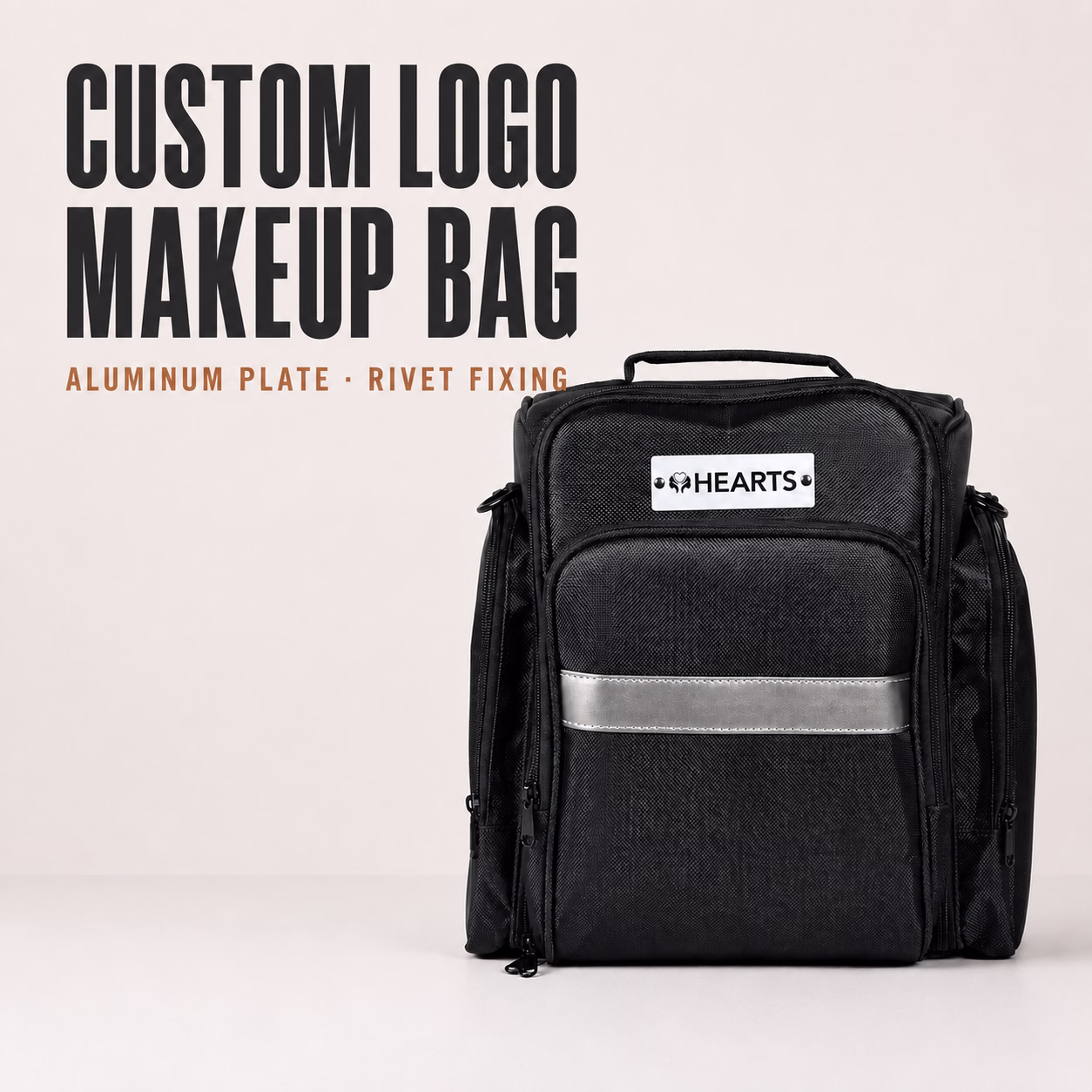 custom logo makeup bag with riveted aluminum nameplate