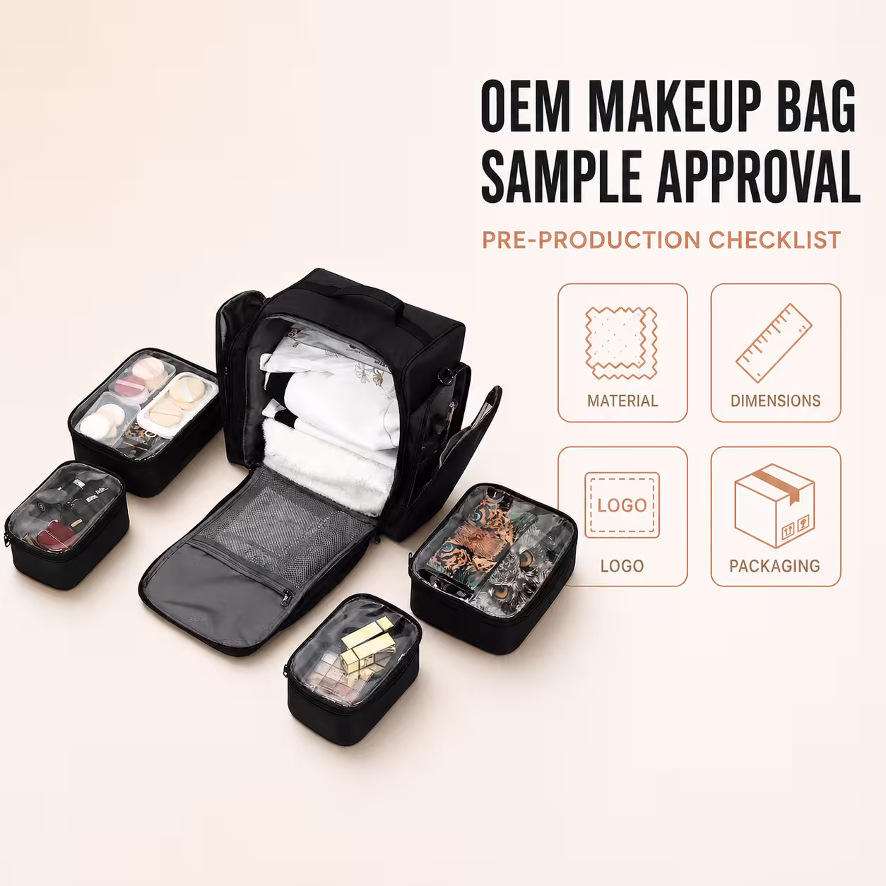 OEM makeup bag sample approval checklist with removable pouches