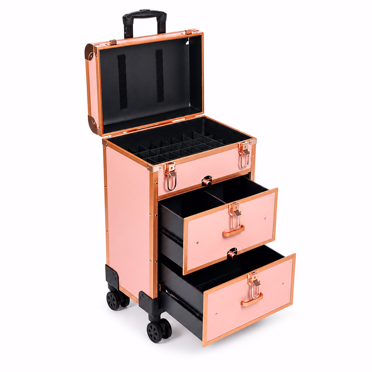 3488 rolling makeup case with fireproof-board-laminated MDF panels and aluminum frame