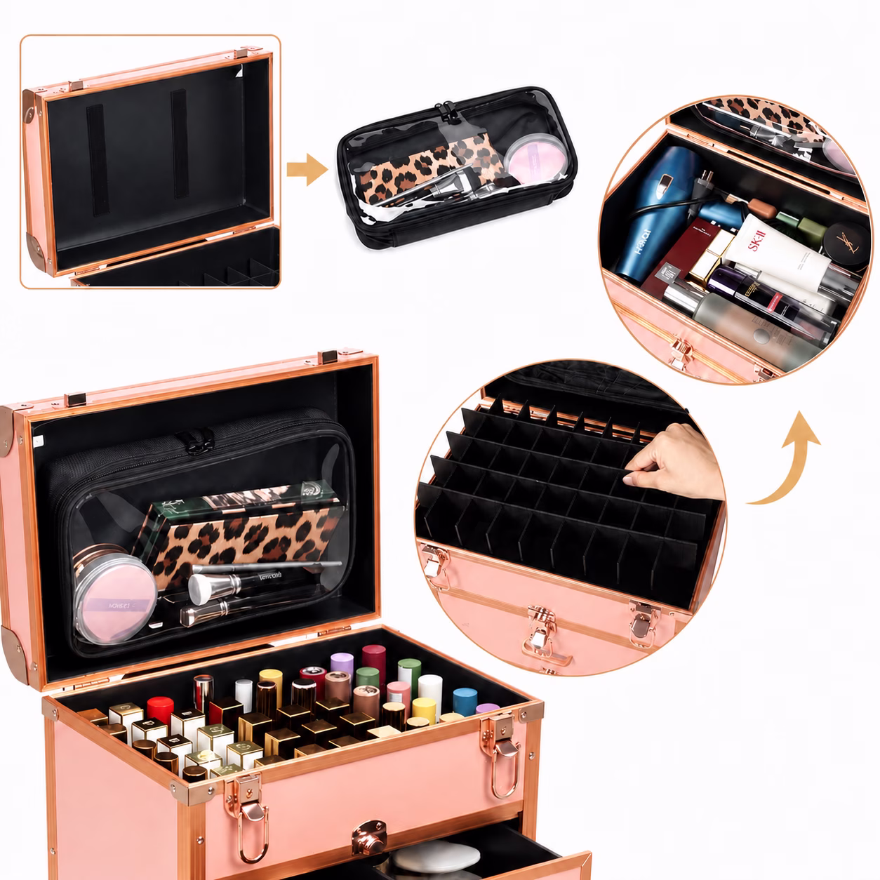 rolling makeup case with removable clear makeup bag and adjustable divider layout