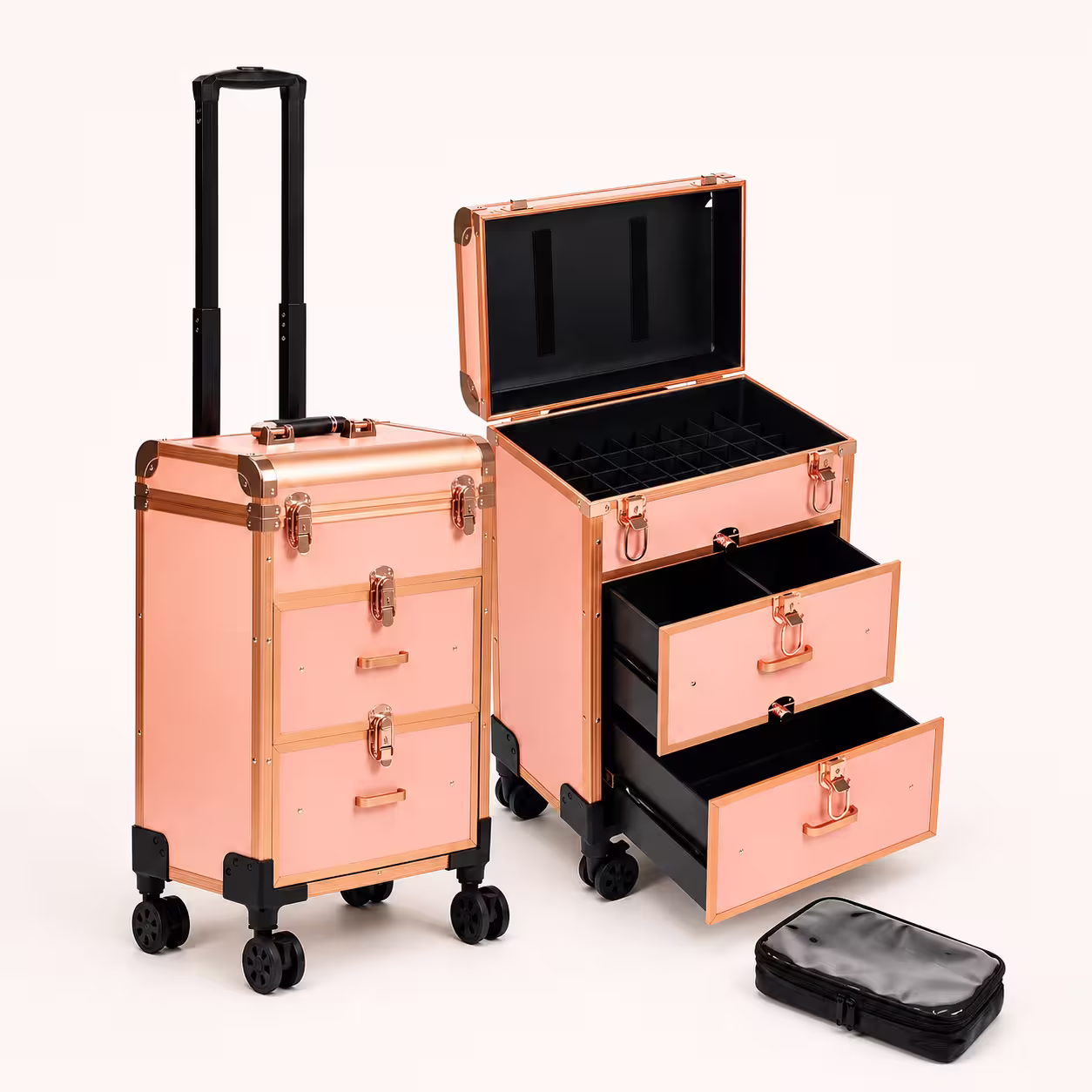 three-in-one rolling makeup case with open storage drawers and accessory pouch