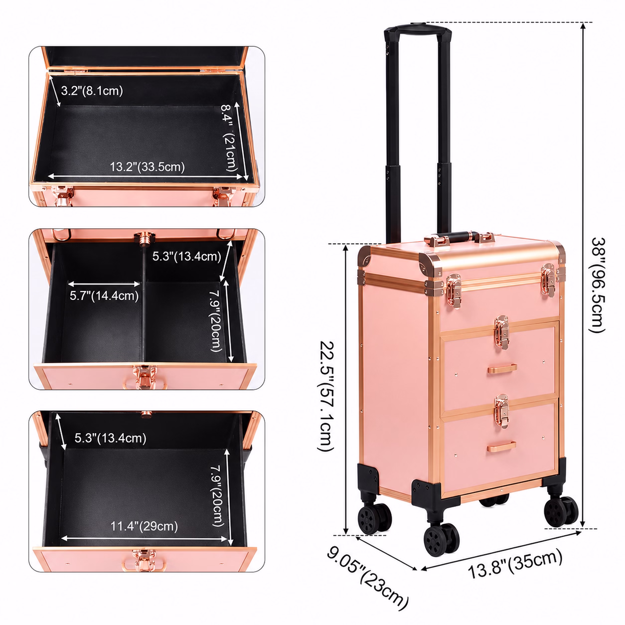 3488 rolling makeup case internal drawer dimensions and overall size