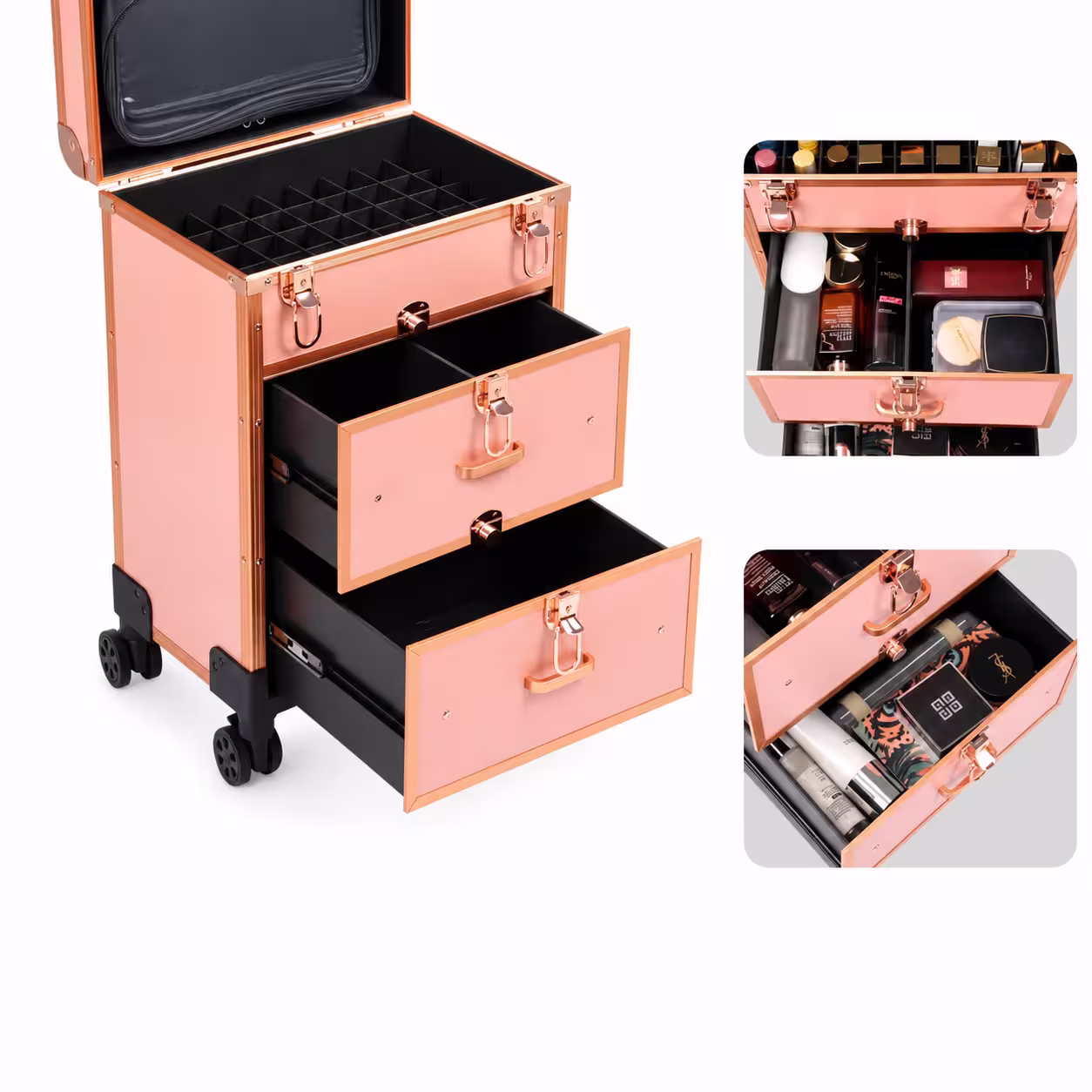 3488 rolling makeup case with drawers and adjustable storage compartments