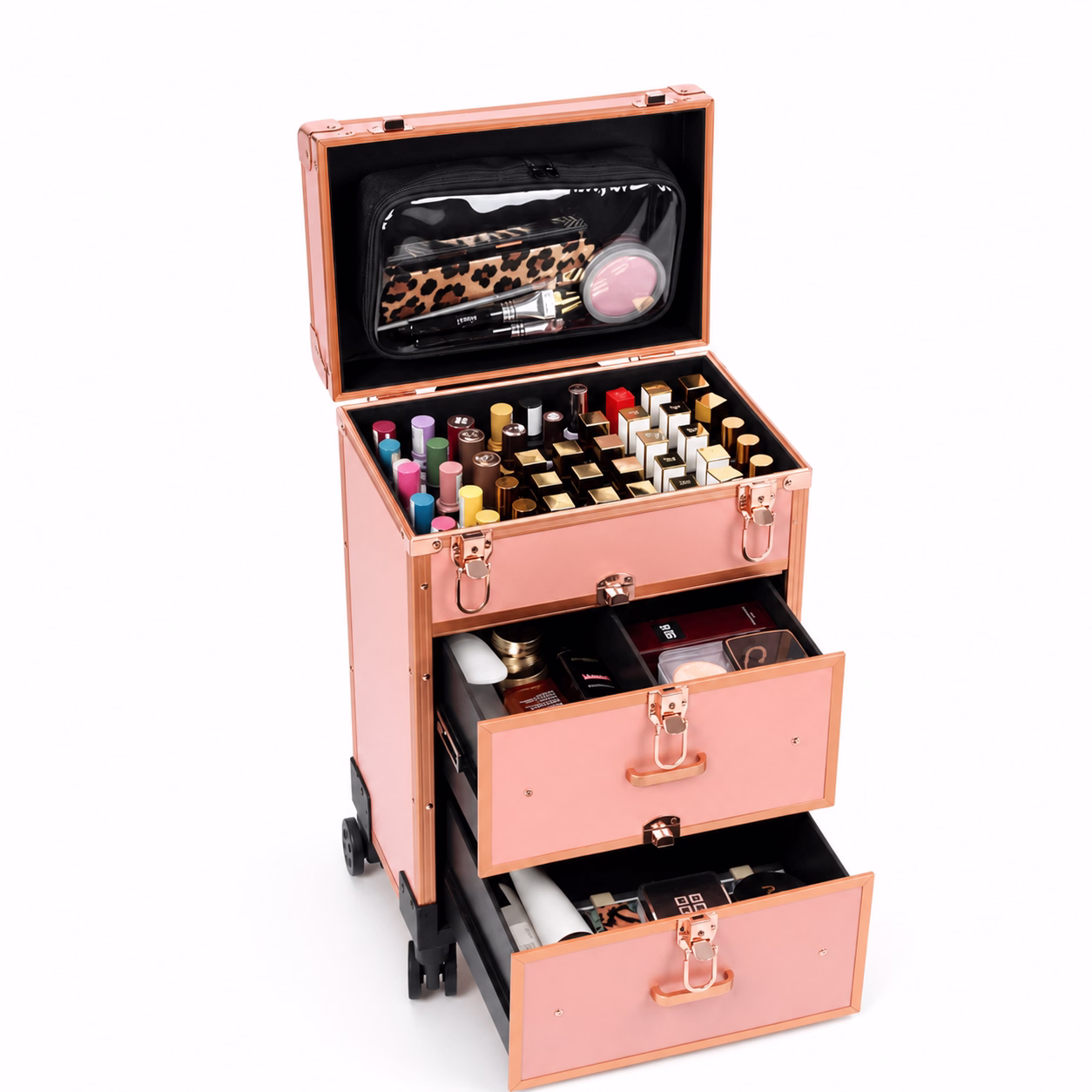 how to pack a rolling makeup case with organized drawers and cosmetics