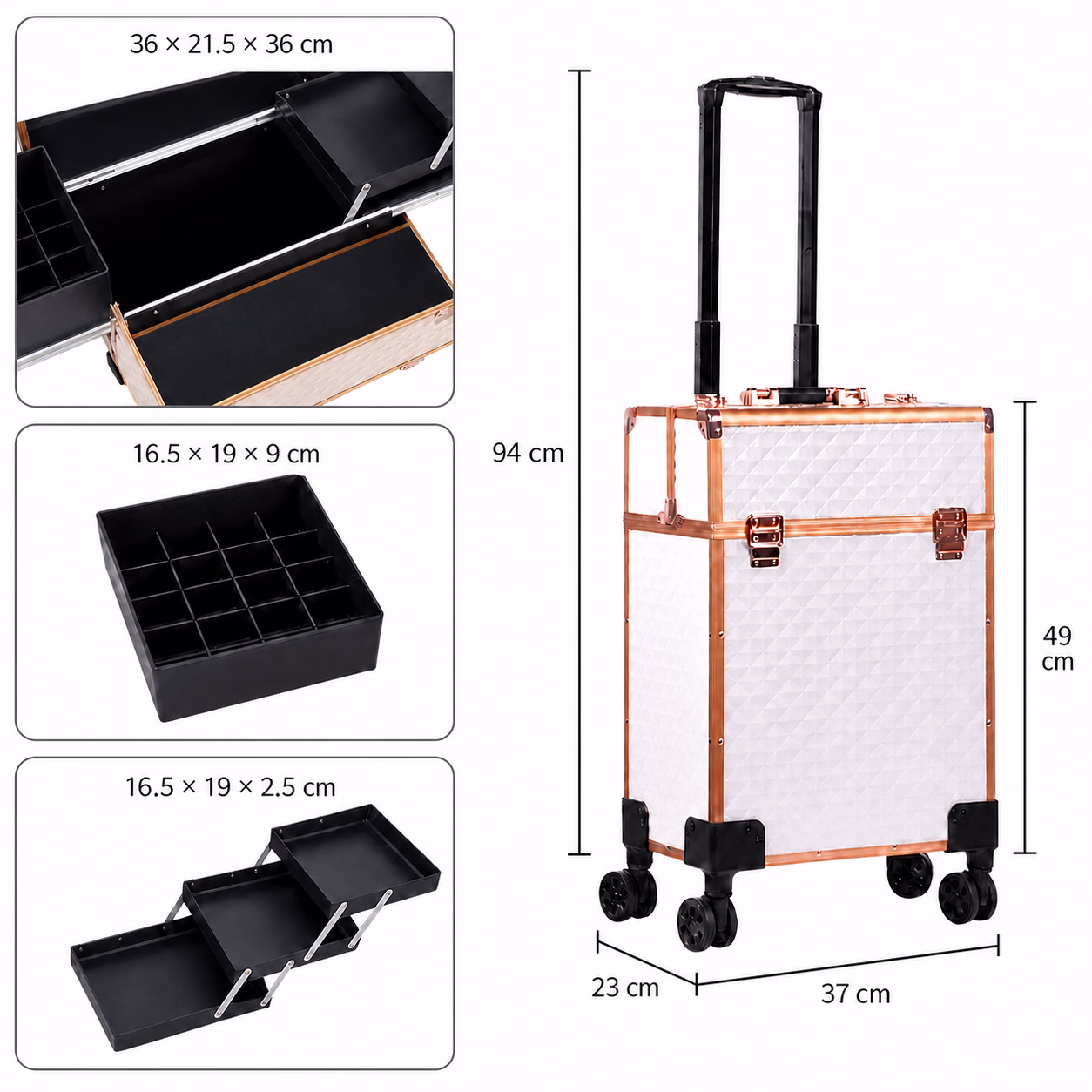 3599 rolling makeup case dimensions and modular storage layout with three trays