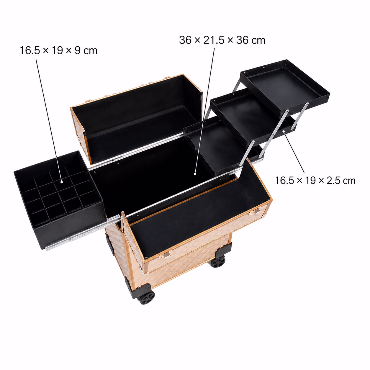 3599 rolling makeup case internal dimensions and storage layout