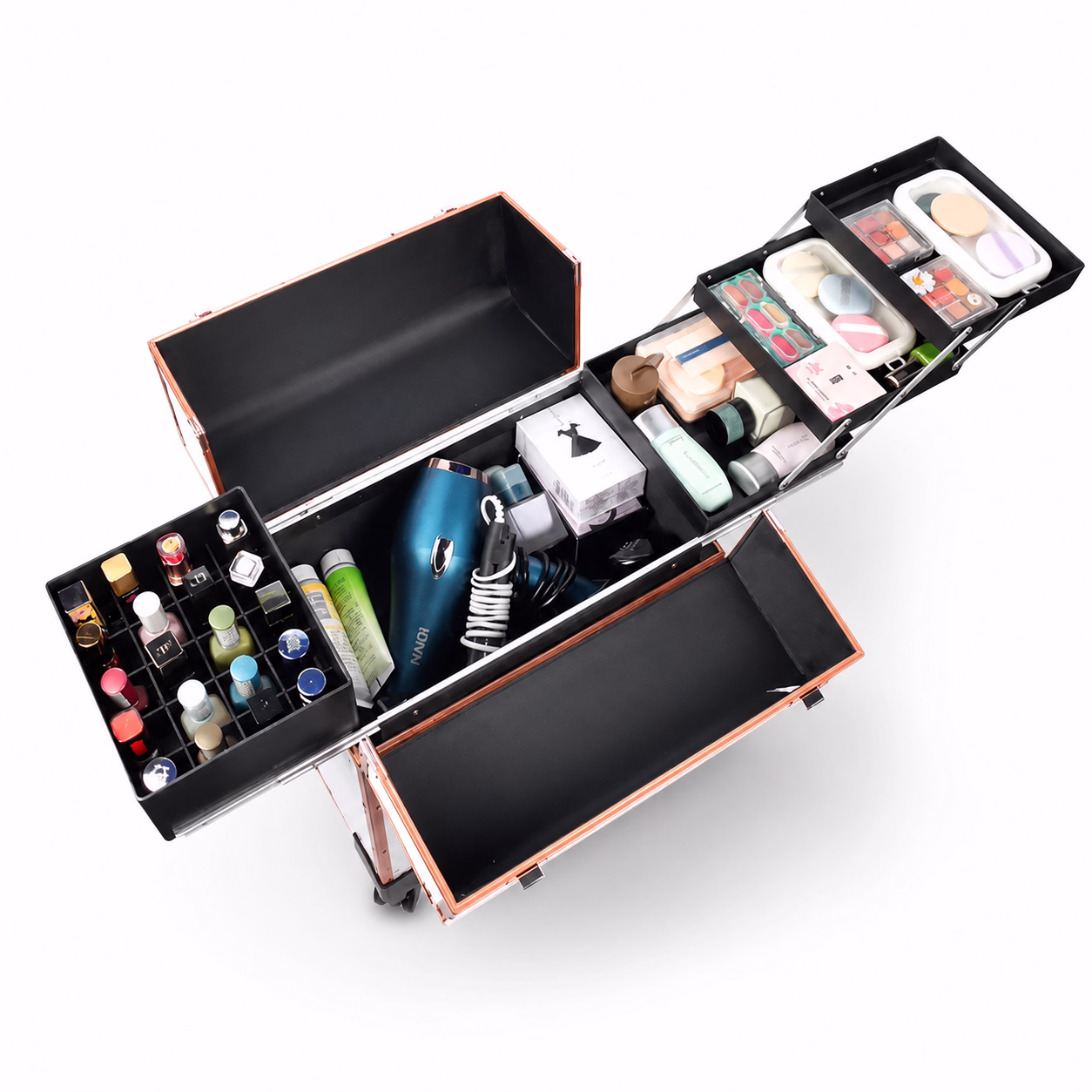3599 rolling makeup case with density-board outer case and ABS storage modules
