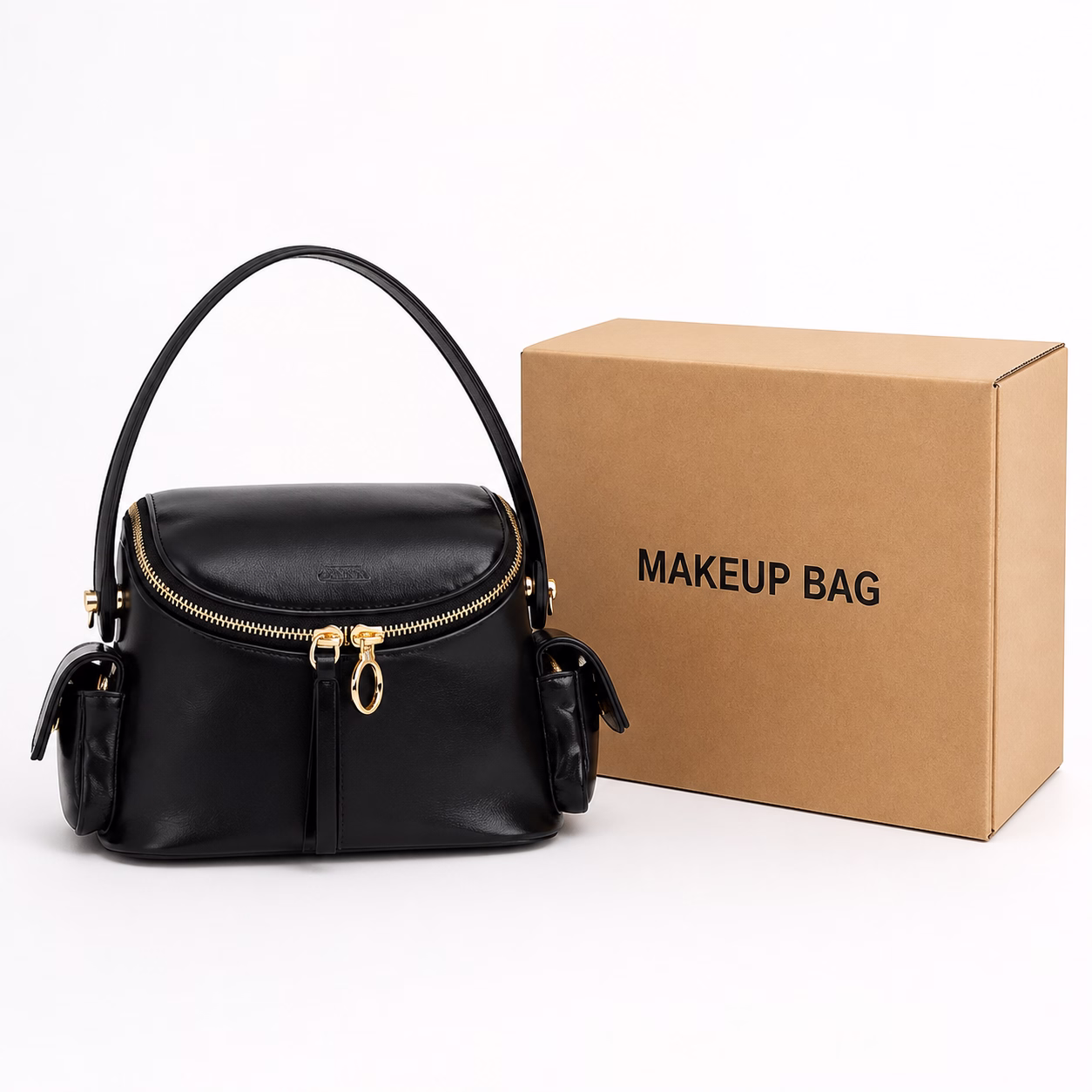 black makeup bag with export carton marked MAKEUP BAG