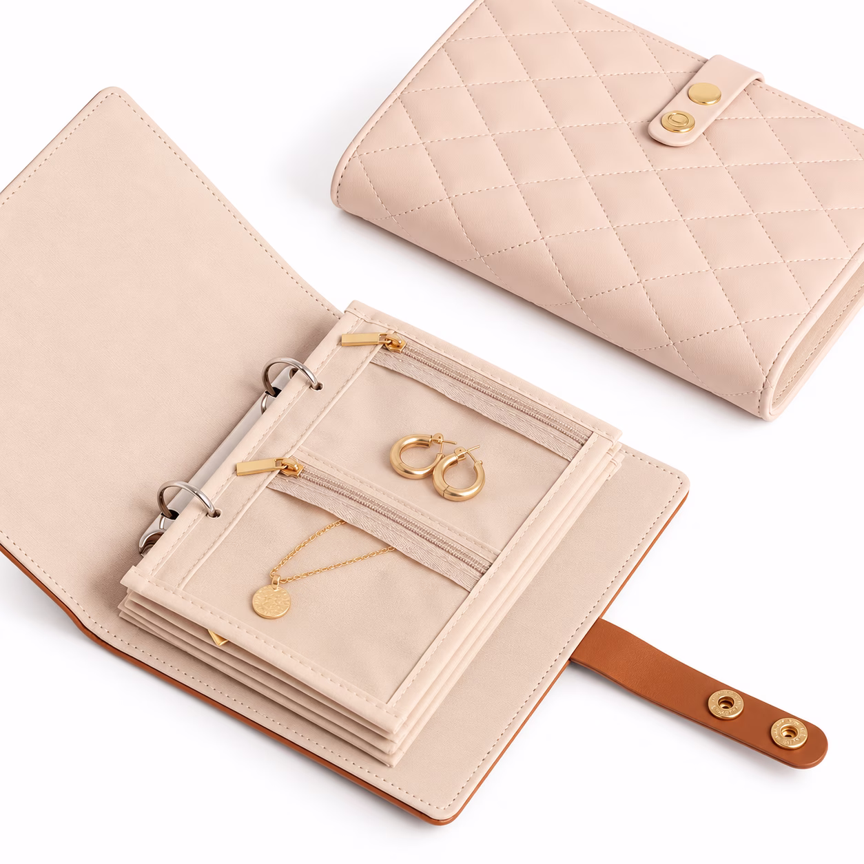 1614 jewelry storage book with removable pages and two-position snap strap