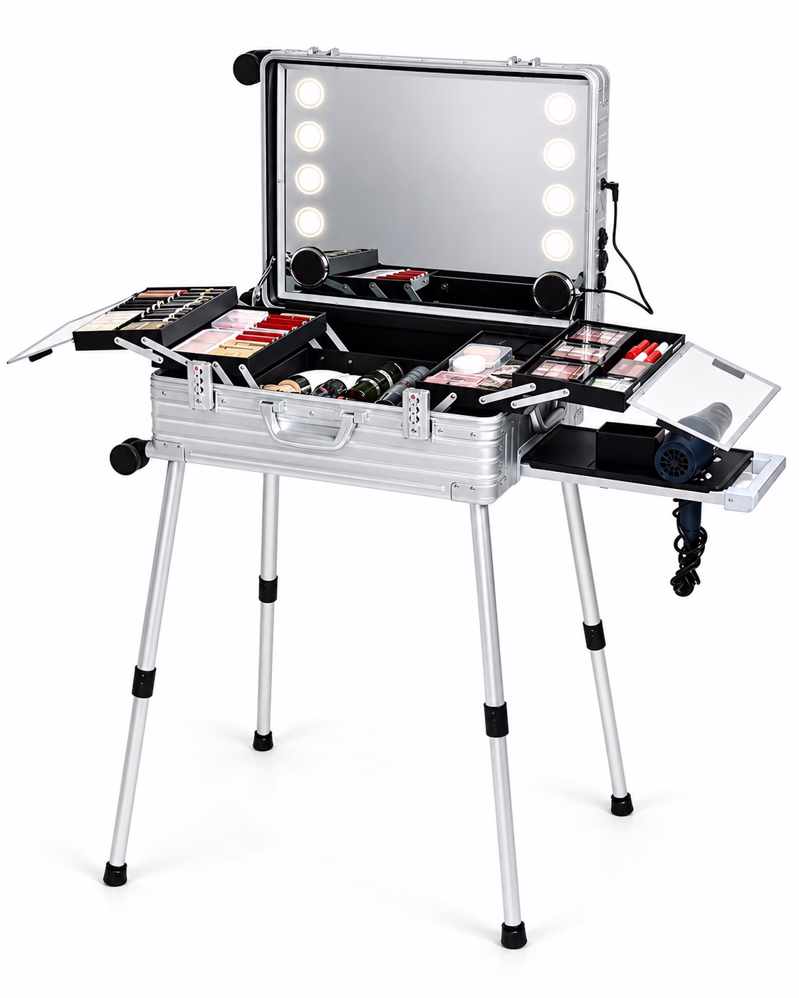 LM6 makeup case opened as a freestanding workstation with an LED lighted mirror and four support legs