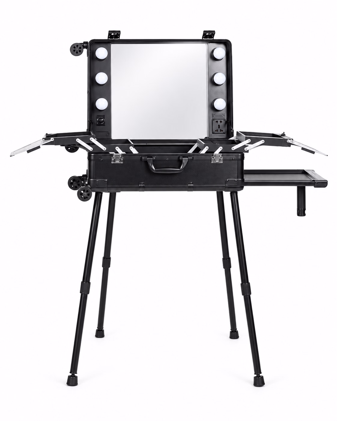 Previous-generation LM6 makeup case opened with mirror lighting and fold-out trays