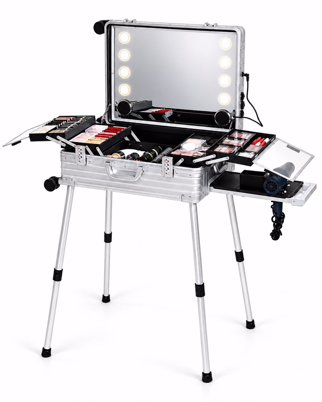 Current LM6 makeup case opened as a workstation with four removable support legs