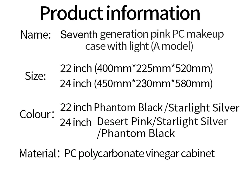 PC-22A/24A size and color specifications for 22-inch and 24-inch models