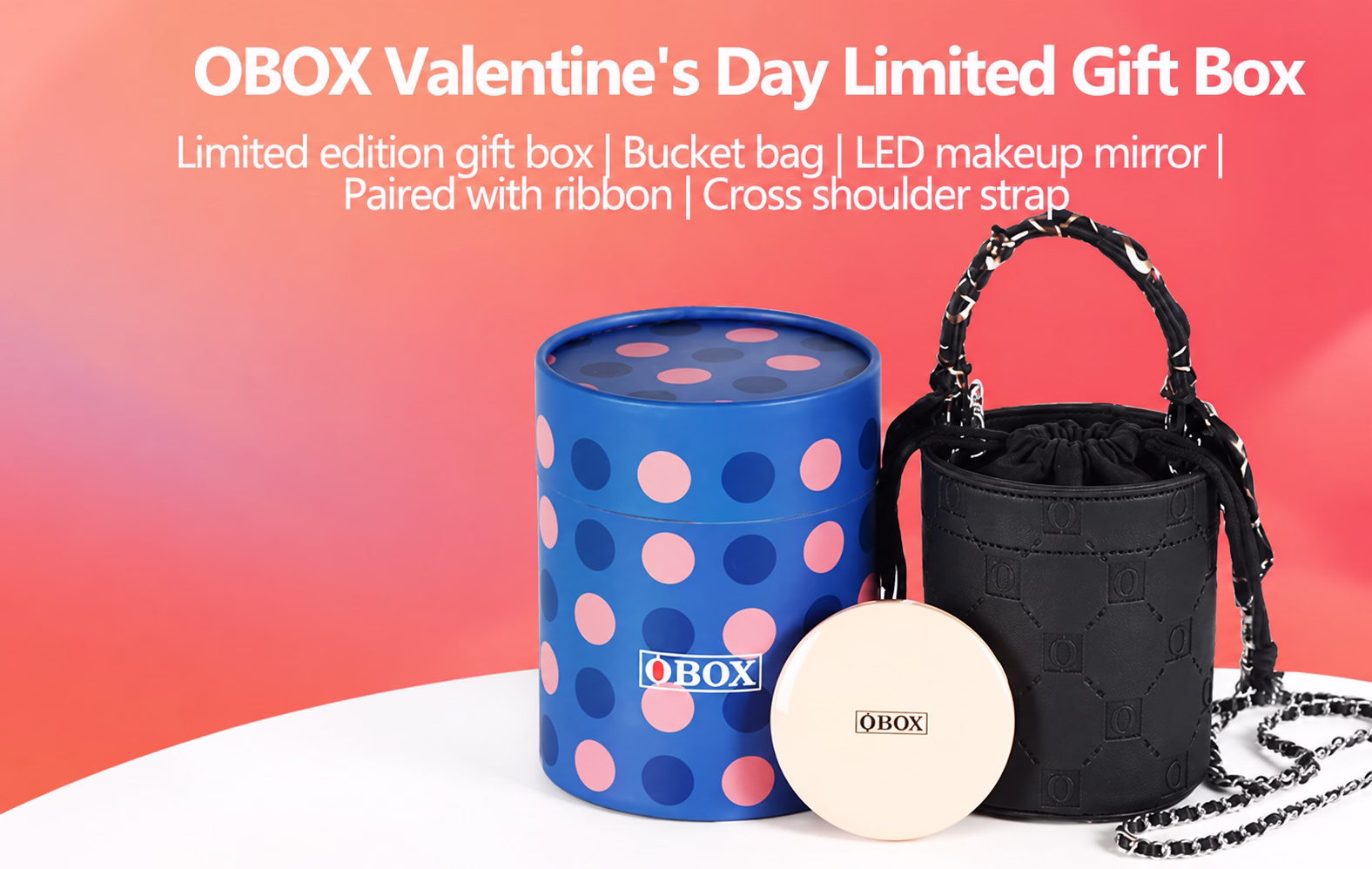 STB black bucket bag and folding mirror with gift packaging shown