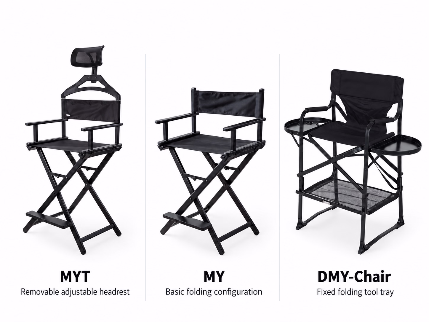 MY, MYT and DMY folding makeup artist chair configurations