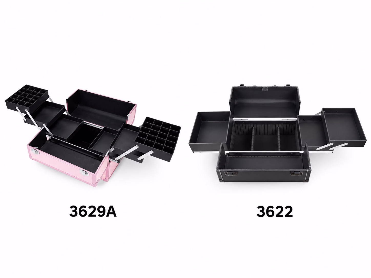 3629A makeup case with six trays beside 3622 makeup case with three trays, both opened