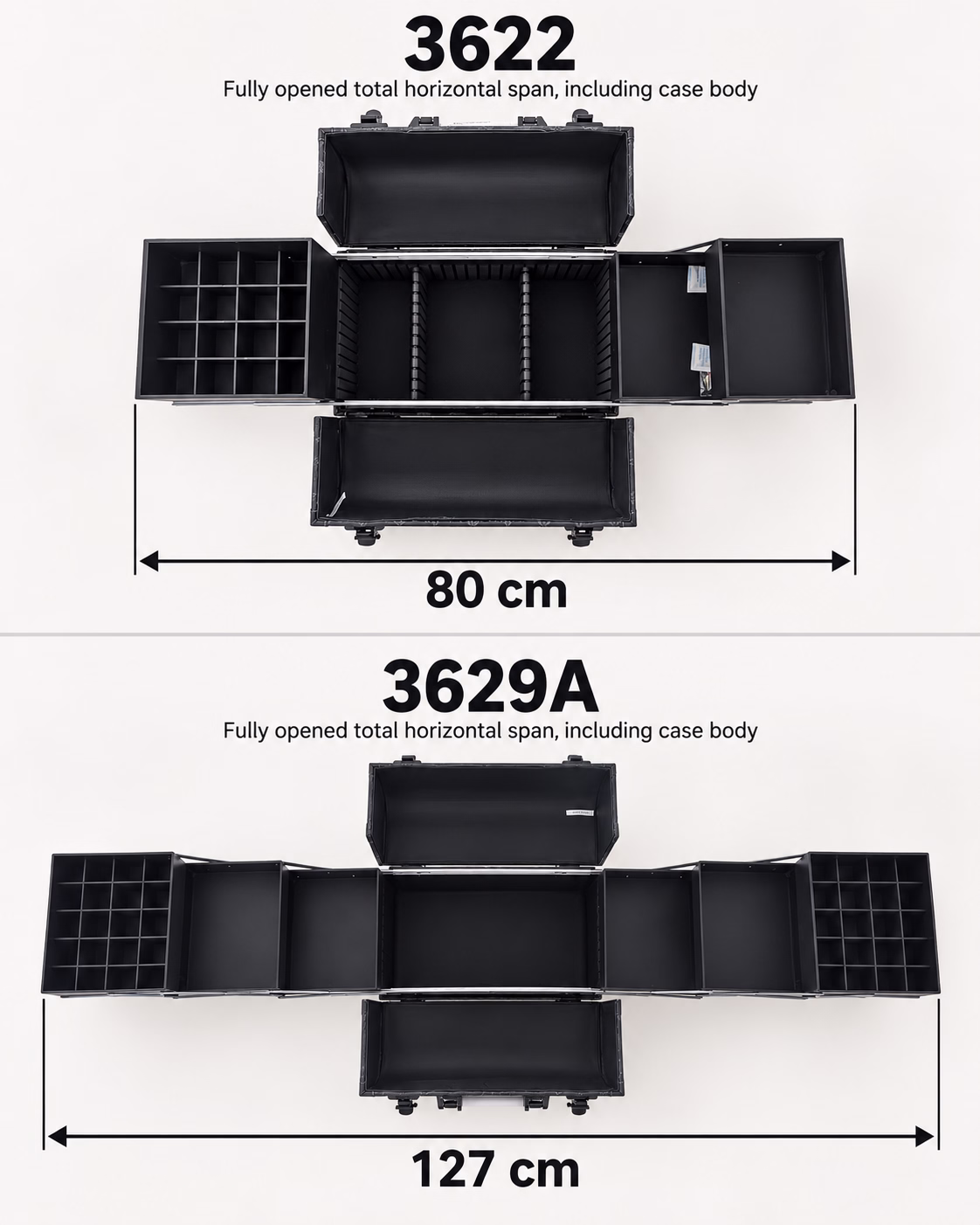 Fully opened horizontal spans of 3622 and 3629A makeup cases, measuring 80 cm and 127 cm including the case bodies