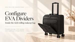 4221 black rolling makeup bag with an open front compartment and telescopic handle, illustrating an EVA divider setup guide