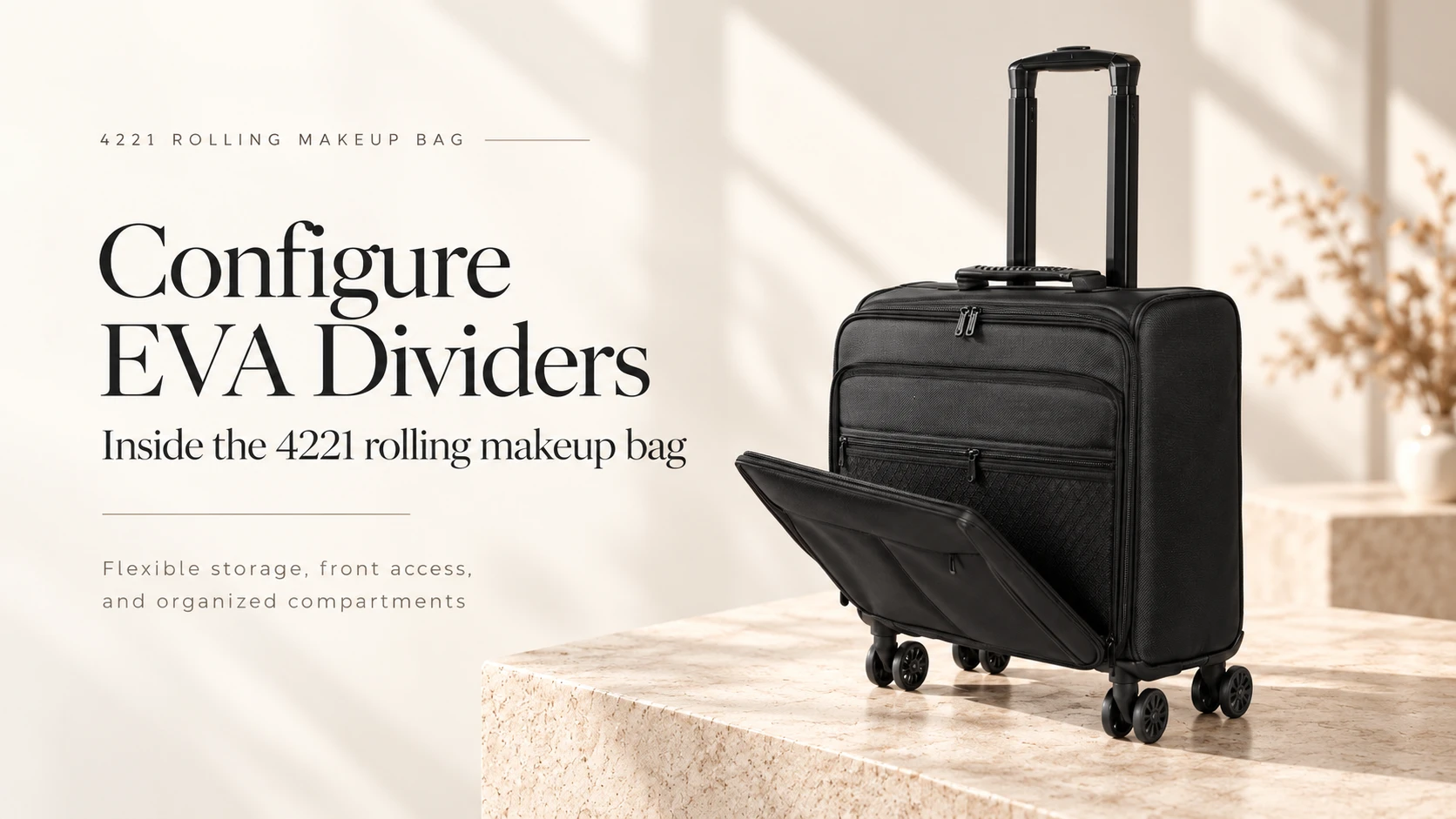 4221 black rolling makeup bag with an open front compartment and telescopic handle, illustrating an EVA divider setup guide
