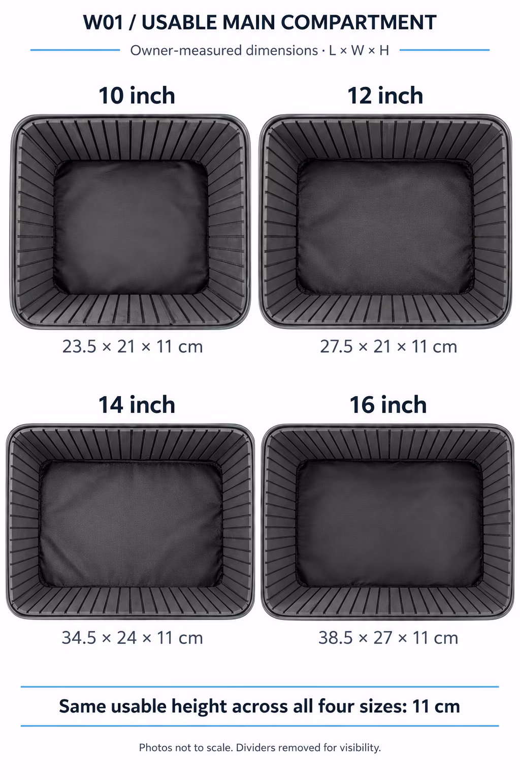 W01 makeup bags in 10, 12, 14 and 16 inch sizes with custom logo placeholders