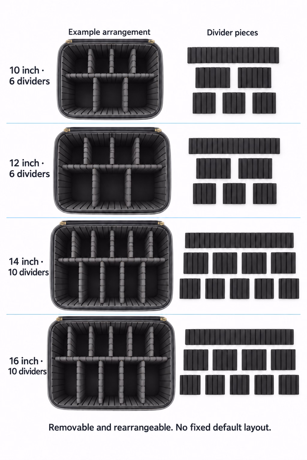 W01 example divider layouts with six removable pieces for 10 and 12 inch sizes and ten for 14 and 16 inch sizes