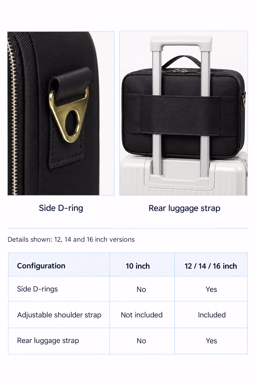 W01 side D-ring and rear luggage strap illustration with shoulder strap availability by size